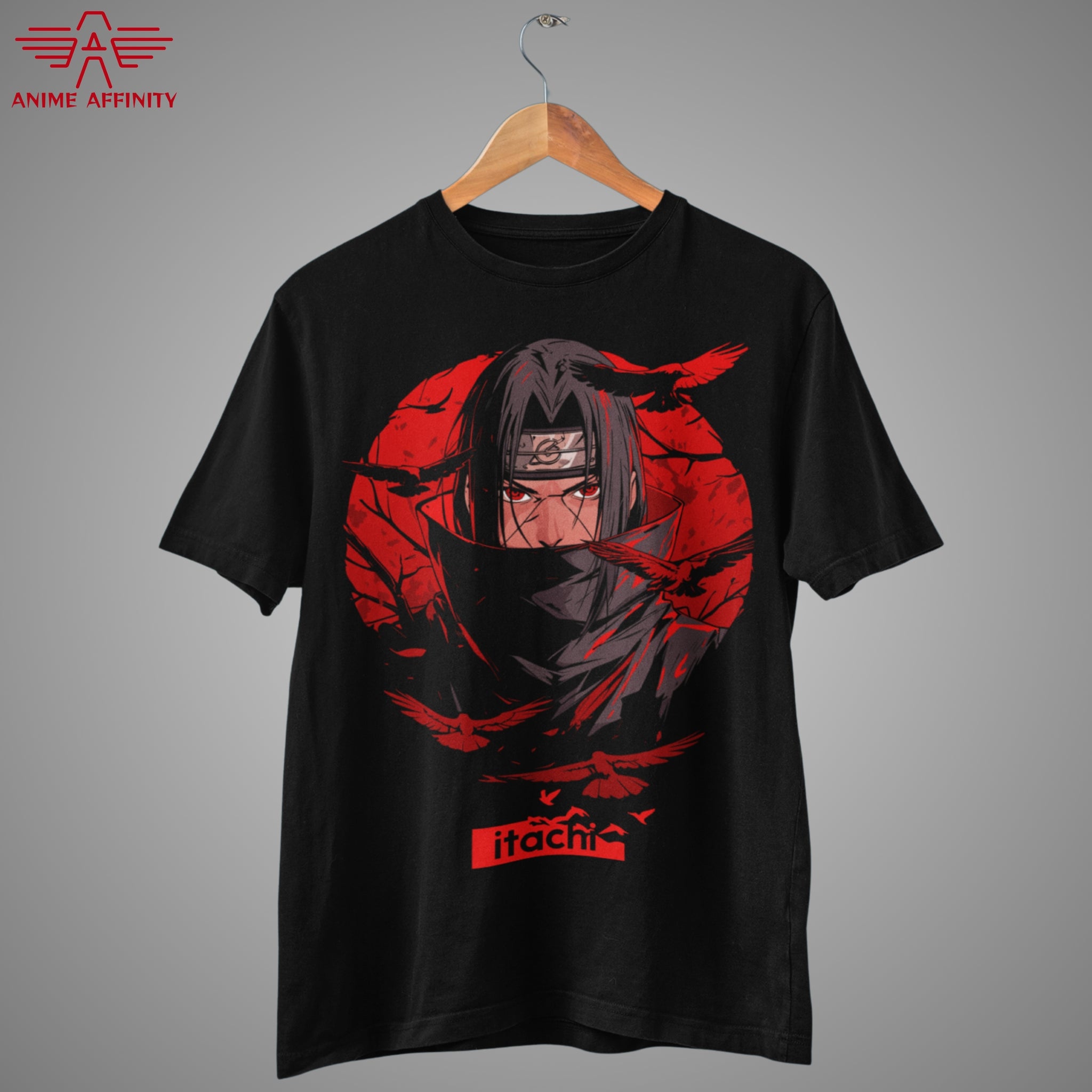 Itachi Uchiha Sharingan T-Shirt – Red Crow Genjutsu Art | Naruto Akatsuki Anime Tee